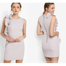 Round Neckline Grey Ruffle Shift Dress